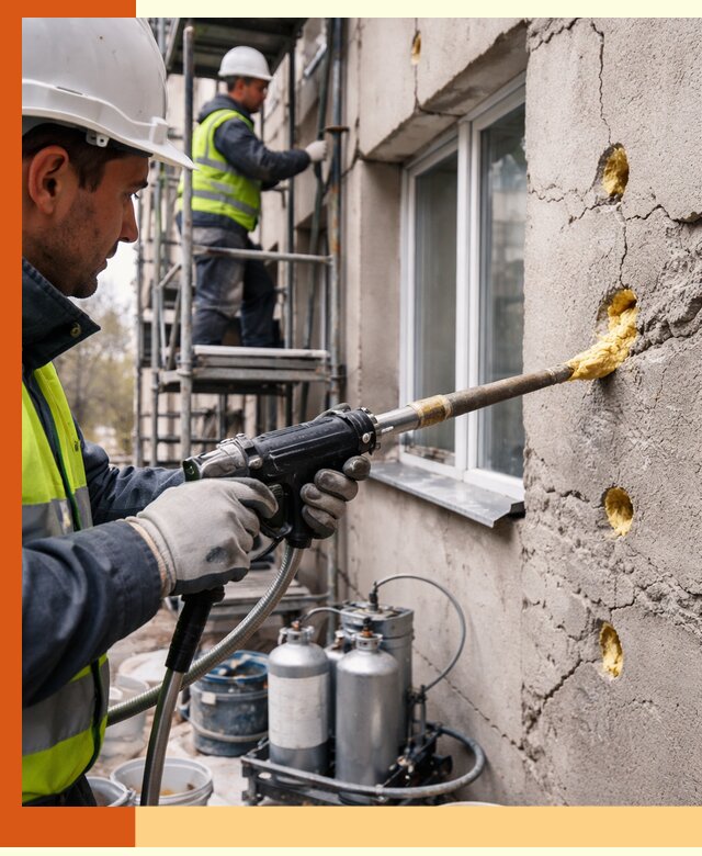 Заполнение пустот в фасаде и утепление стен в Крымске